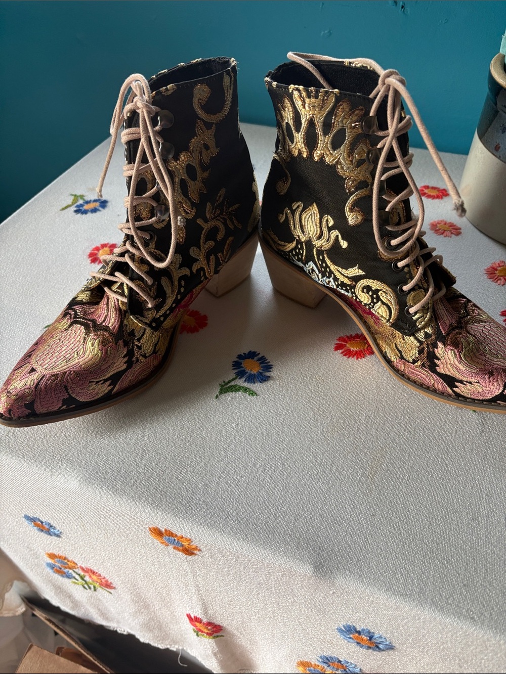 Embellished Lace-Up Brocade Ankle Boots size 39